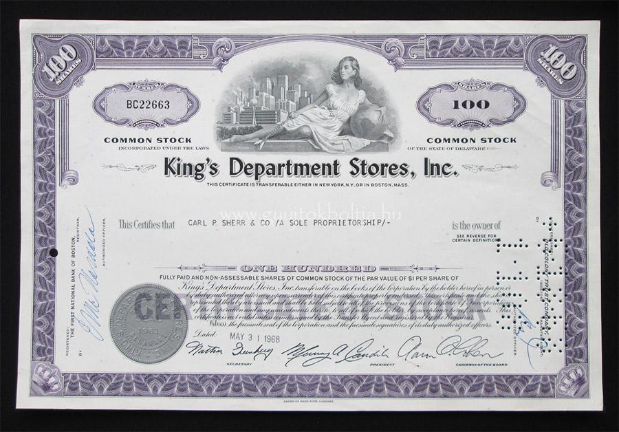 King's Department Stores Inc. 100 r�szv�ny 1968 - diszkont �zletl�nc